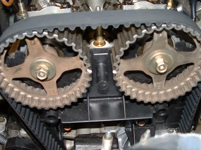 A timing belt and pulleys on a automotive engine